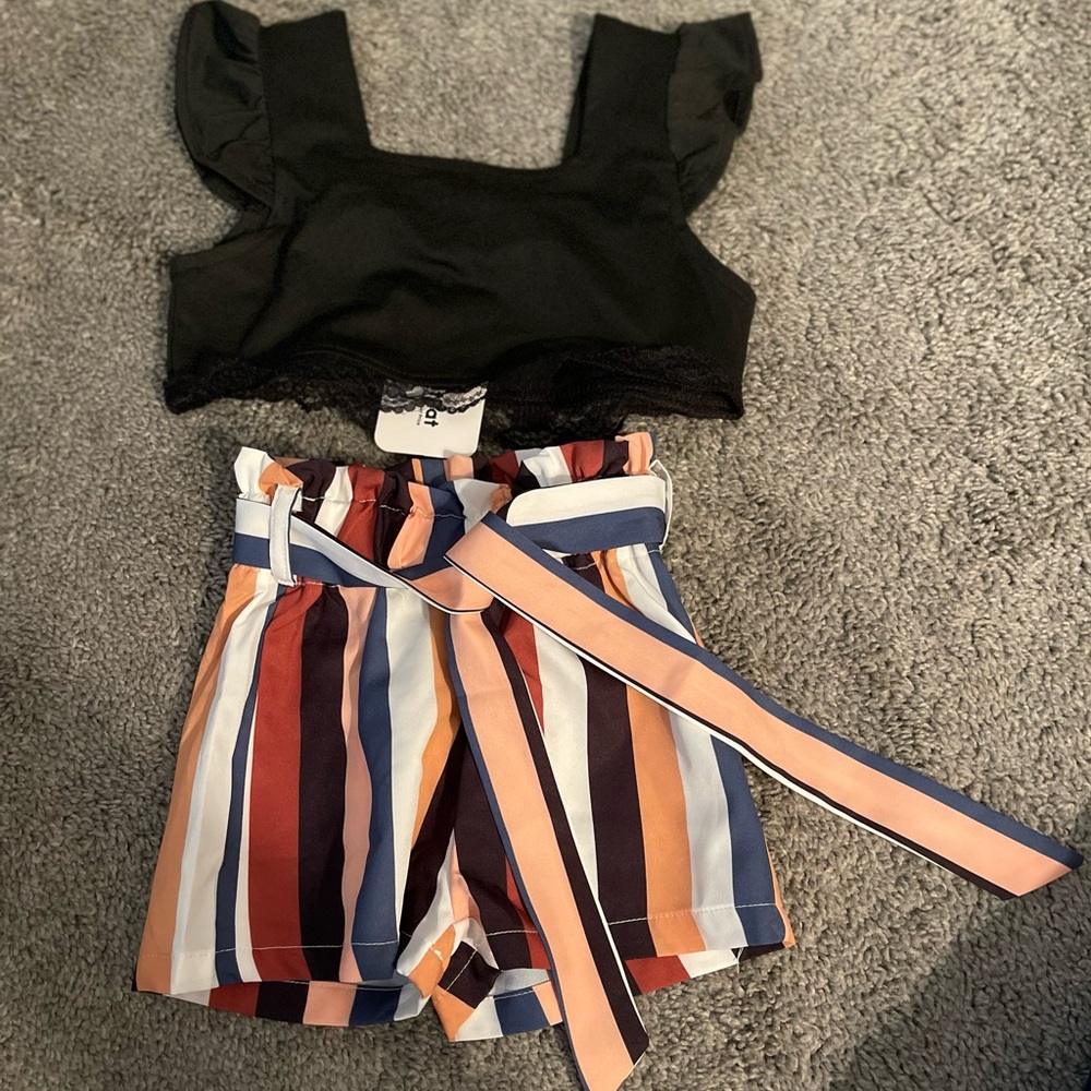 Multi colored stripe shorts and black Half T shirt size 3T
